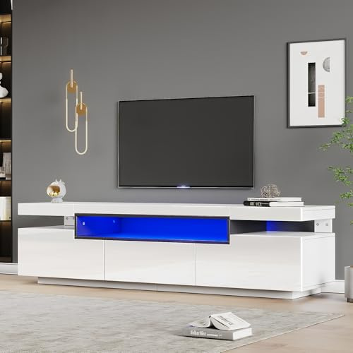 TIZZ Elegante armario de TV de alto brillo 160 x 39 x 42 cm blanco con 16 colores iluminación LED espacio para televisores de 70 pulgadas, incluye 3 cajones