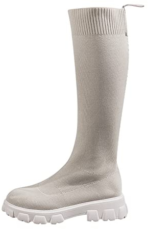 Stivali da donna a maglia, stivali alti da donna, gambo a maglia, piatti, invernali, caldi, traspiranti, eleganti, leggeri, invernali, da donna, beige., 37 EU