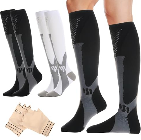 2er-Pack Unisex Kompressionsstrümpfe,Support Compression Socks,Thrombosestrümpfe,Inkl. 1 Paar Kompressionshandschuhe,Geeignet Für Sport,Laufen,Fliegen Und Outdoor-Aktivitäten (L/Xl,Schwarz/Weiß)