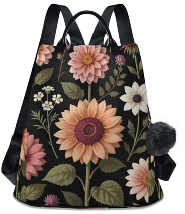 KLL Vintage Sunflowers Dahlia Black Fashion middle school backpacks trendy laptop backpack for women for Daily College Shopping with Pom-pom keychain