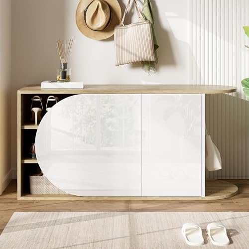 Merax Zapatero con banco de 104 × 37 × 50 cm, zapatero brillante con 2 puertas, sistema de apertura push-open, gancho lateral, de madera aglomerada, color blanco y madera natural