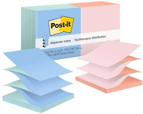 Post-it Pop-up Notes, 12 Sticky Note Pads, 3 x 3 in., School Supplies, Office Products, Accordion Sticky Notes Work with Pop-Up Note Dispenser, Beachside Café Collection, Alternating Colors