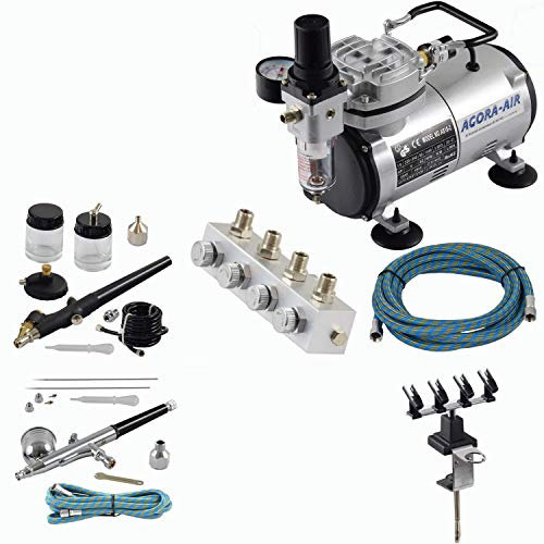 Agora-Tec® Airbrush Komplett-Set EXPERT XV.1, Komplettsystem für Airbrush, inkl. Kompressor mit 4 bar und 20l/min + 2 Airbrushpistolen mit 0,2 & 0,3 & 0,5 & 0,8mm Nadeln/Düsen + regelbaren 4-fach Luftdruckverteiler + 4-fach Halter + 2 Schläuche + Adapter