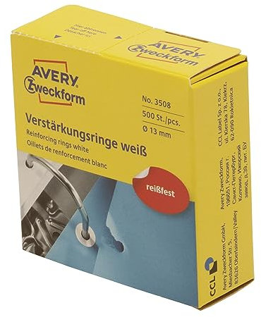 AVERY Zweckform 3508 Lochverstärker selbstklebend 500 Stück (Ø13mm, Lochverstärkungsringe auf Rolle, permanent haftende Ringverstärker, Ringlochverstärker fürs Abheften, reißfeste Folie) weiß