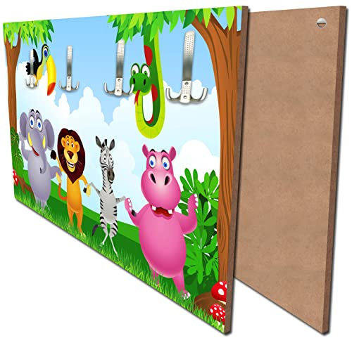 wandmotiv24 Garderobe Tiergruppe Kinder Querformat - 69x40 (BxH) - Dekorfolie Wandgarderobe, inklusive Garderoben-Haken, Kleiderhaken, Set M0241