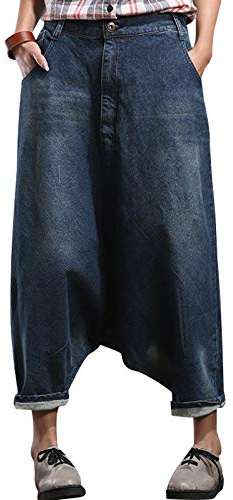 Bigassets Dam elastisk midja denim byxor bomull jeans stora gren haremsbyxor, BLÅ, M
