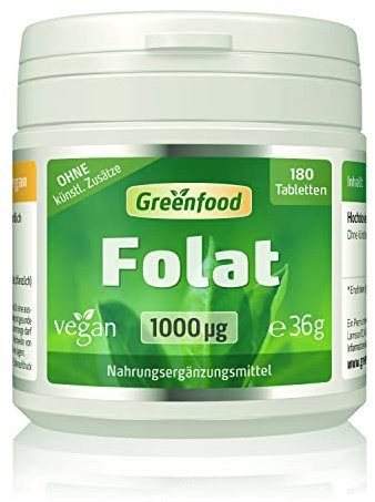 Folat, hochdosiert, 1000µg - 180 Tabletten, vegan. Für gesunde Zellteilung, Blutbildung, Kinderwunsch & Schwangerschaft. OHNE künstliche Zusätze - laborgeprüft. Von Greenfood.