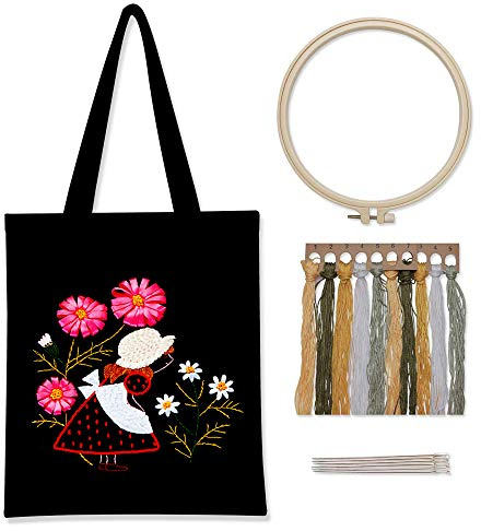 Gigicloud Schwarze Leinen-Tragetasche, Stickset mit Muster und Anleitung (evtl. nicht in deutscher Sprache), inklusive Sticktasche mit Blumenmuster, Bambus-Stickrahmen, Farbfäden und Werkzeug, schönes