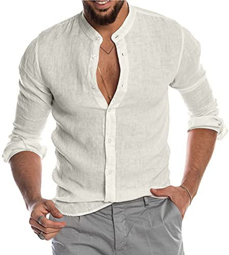 Tomwell Camisa para Hombre Manga Larga Slim Fit Camisa Lino Playa Casual para Hombre Respirable con Botones T-Shirt Verano Informal Camisa Ocio Blusa Retro Henley Camisas