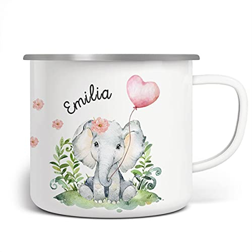 miKalino Emaille Tasse Mädchen - Trinkbecher Kinder personalisiert - Emaille Becher mit Elefanten-Motiv - Kindertasse mit Namen - Kindertasse bedruckt - Emaille Becher Weiß