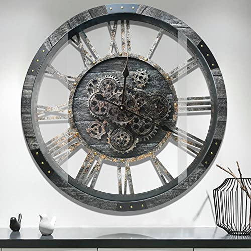 DORBOKER 68CM Große Vintage Wanduhr mit Beweglichen Zahnrädern, Retro Holz Gehärtete HD-Glasabdeckung, XXL Antike Steampunk Industriell Wanduhr für Büro Wohnzimmer Bar (Kohlenstoff Grau)