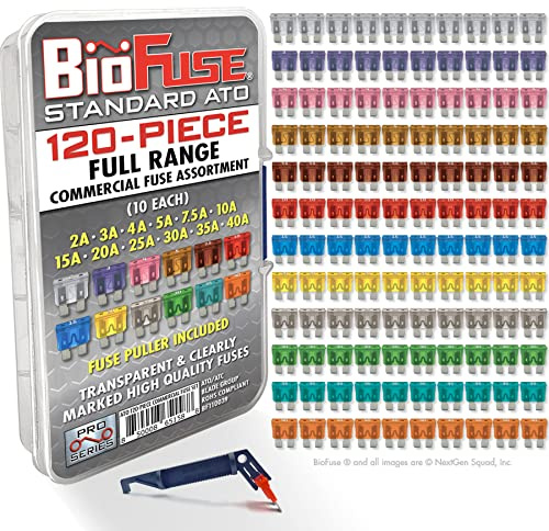BioFuse 120 Piece Full Range Commercial Fuse Assortment: 120 Standard, ATO, ATC, ATS, APR Automotive Fuses 2A 3A 4A 5A 7.5A 10A 15A 20A 25A 30A 35A 40A, Fuse Puller