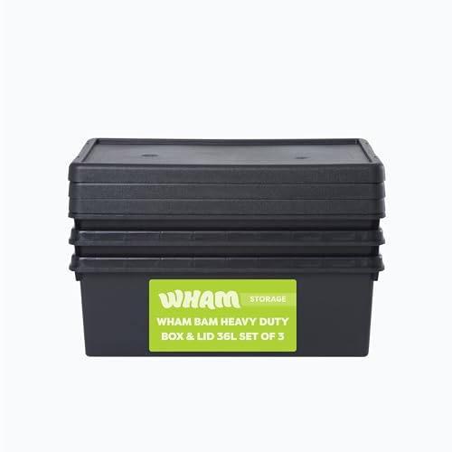 Wham Bam 3 x 36L Heavy Duty Boxes with Lids | Eco-Friendly Storage | Ideal for Tools, DIY & Outdoor Gear | 100% Recycled Plastic | Made in UK