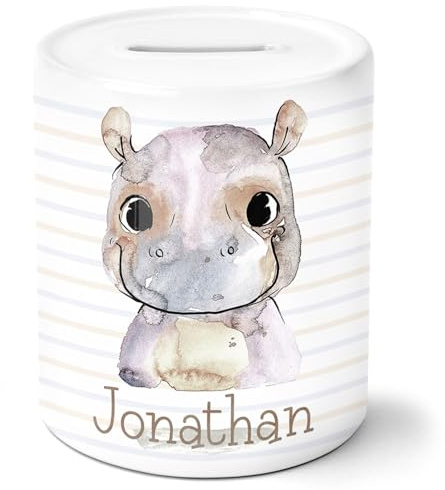 timalo® Spardose personalisiert mit Namen | Personalisierbares Geschenk Sparschwein für Kinder Keramik Geschenkidee | Nilpferd spardose-t-21