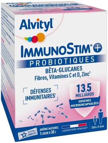 Alvityl - Immunostim + sachet, goût vanille - Probiotiques, Bêta-glucanes, Fibres, Vitamine C et D, Zinc - Dès 3 ans - 30 sticks