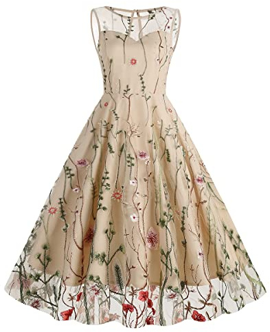 IMEKIS Abito da Cocktail Senza Maniche da Donna Linea A Abito Vintage Ricamato a Fiori Abito Elegante da Damigella d'Onore Abito da Festa Gonna a Pieghe al Ginocchio Albicocca S (64897amzn_yfyit)