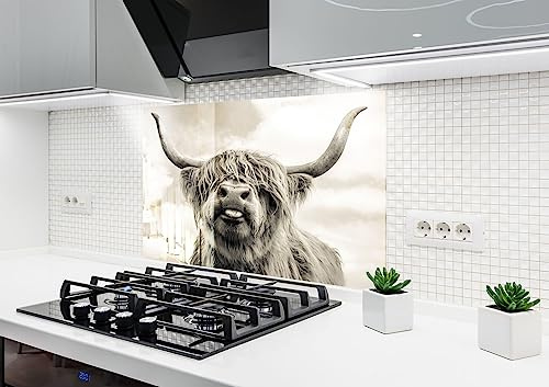Myphotostation.com Küchenrückwand aus gehärtetem Glas, 40 x 50 cm (B x H), Küchenrückwand für Küche, rustikales Rahmenhaus, Stier