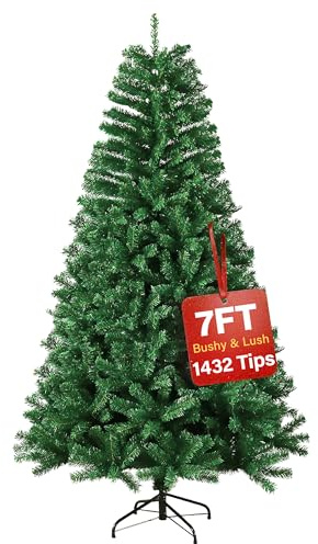 7ft Premium Christmas Tree 1432 Branch Tips Green Xmas Trees Bushy Artificial Christmas Tree Pine Tree with Metal Stand Easy to Assemble Realistic Spruce Branches Christmas Tree for Indoor and Outdoor
