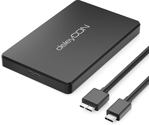 deleyCON SSD Festplattengehäuse USB-C 5Gbps USB 3.1 2,5 Zoll - Schwarz | Für SATA 3 SSD/HDD, 7mm bis 9,5mm SATA III Festplatten, externes Gehäuse mit UASP