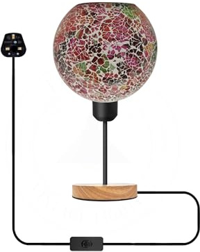 LEDSone Mosaic Table Lamp Glass Globe Handcrafted Multicoloured E27, Wooden Bedside Desk Lamp with ON/Off Switch, UK Plug Night Light for Living Room, Bed Room, Dining Room