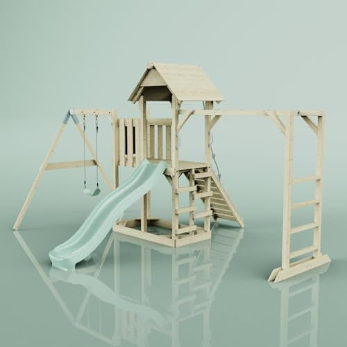 Rebo Klettergerüst aus Holz mit Wellenrutsche | Outdoor Spielturm mit Kinderschaukel, Hangelstangen, Plattform und Kletterseil