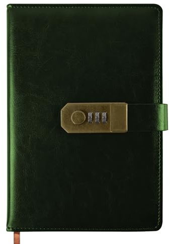 Qefuna Tagebuch mit Schloss, A5 PU Leder Tagebuch mit Code 200 Seiten, 100Gsm Papier, Vintage Reading Journal Tagebuch mit Schloss für Frauen & Männer,(Grün)