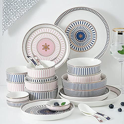 Set di stoviglie da 12 pezzi, Set da tavola in ceramica rosa e blu, Set di stoviglie a righe inglesi, Combinazione completa di porcellana, Piatti piani in stile nordico, Microonde