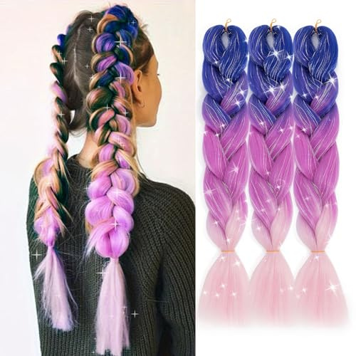 TESS Meches pour Tresses Africaine, Meche Cheveux Tresse Cheveux Rajout Meches Pour Tresses Braid Pré éTiré 300g 3 Paquets 60cm Paillettes + violet/bleu/rose