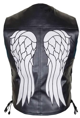 MERCH ATTIRE Herr biker änglavingar läderväst | Daryl Dixon väst motorcykel fuskläderväst, Svart – konstläder, XL
