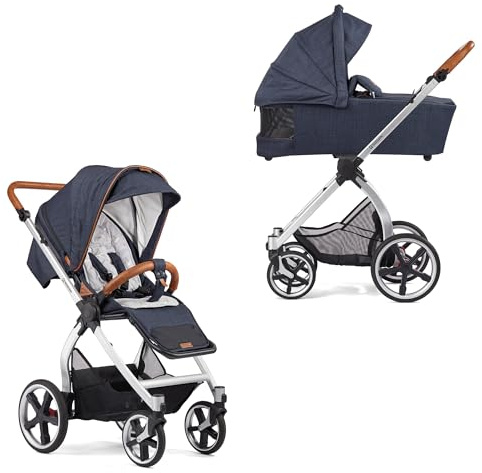 Gesslein Kinderwagen FX4 Swing mit Babywanne Panorama Lyx (Kinderwagen 3 in 1 mit Liege- und Sitzoption, inkl. Sportwagenaufsatz, individuell einstellbar, hoher Komfort, geringes Packmaß), Dunkelblau