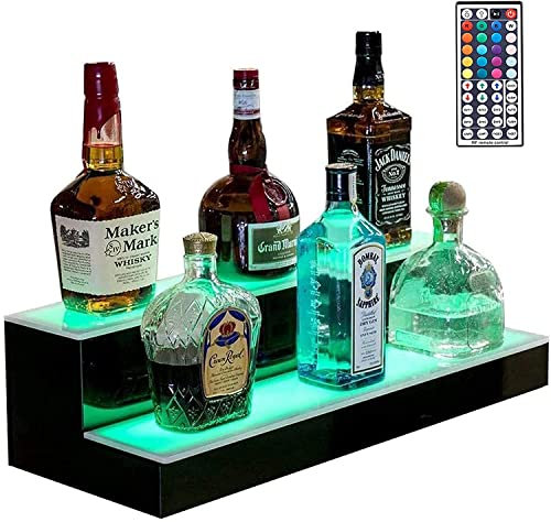 Weinregal Beleuchtete Spirituosenflaschendisplays 2-stufiges LED-beleuchtetes Flaschenregal Flaschenregal in Mehreren Farben mit Fernbedienung für die Bar zu Hause Hochglanz-Schwarz-Finis