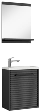 Badplaats Gäste-WC Waschtisch Set Etna 40 x 22 cm Schwarz Matt - Platzsparend Badmöbel Set mit Waschbecken, Unterschrank und Spiegel