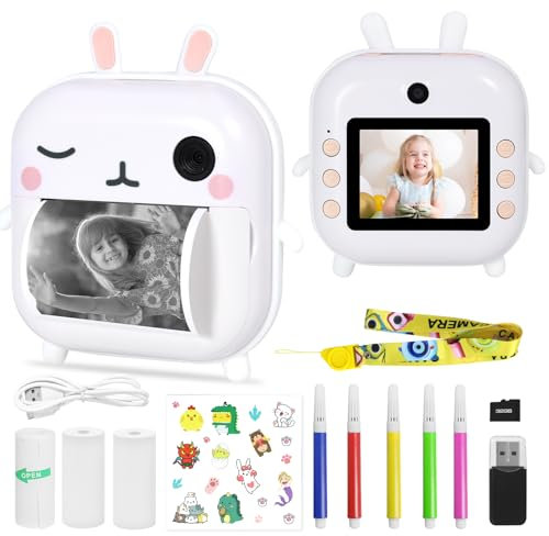 AURTEC Mini Thermal Printing Camera for Kids, No Ink Required, 48MP Dual Camera, 1080P HD Video, 32G TF Card, 3 Print Papers, 2.4 Inch Color Screen, Cute Animal Cartoon Design - Rabbit