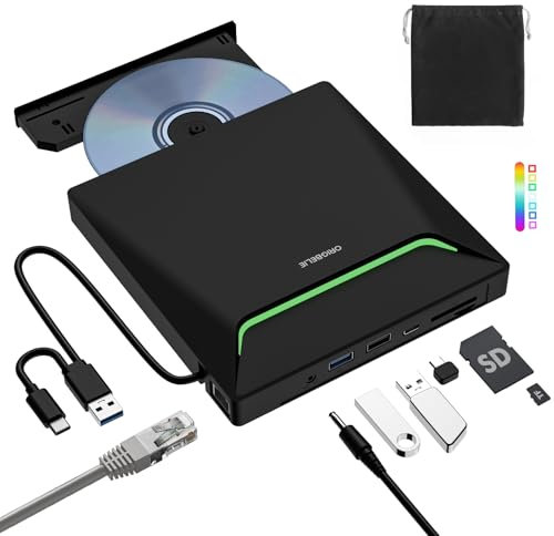 Nuovo Masterizzatore DVD Esterno, USB 3.0 Lettore DVD Esterno con Adattatore Ethernet RJ45, 3 Porte USB e 2 Porte TF/SD Card, Lettore CD Esterno per PC Portatile MacBook Pro/Air Windows Linux Mac OS