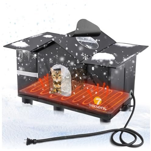 Texsens Heated Cat House for Outside - Weatherproof Large Outdoor Cat Shelter with Roof Window & Cozy Cushion - Ideal for Stray/Feral Cats