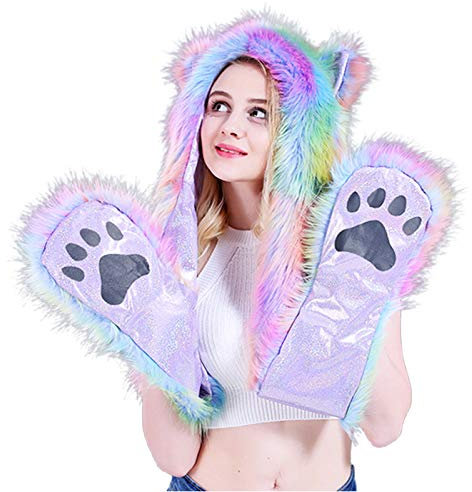 Zkydhbd Mütze, Tiermütze, Schal, Handschuhe, Fäustlinge, bunte Plüsch-Kapuzenpullover, Pfoten, Stil 1, 49