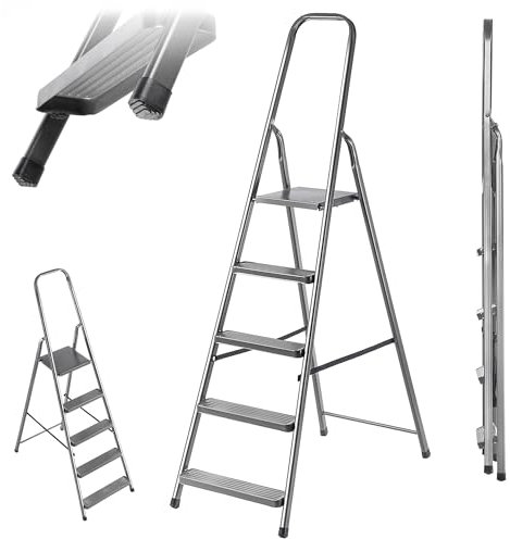 KADAX Klappbare Stufenleiter aus Stahl, 5 Stufen, mit Antirutsch-Füßen und Ablage, Einseitige Trittleiter für Haushalt und Garten
