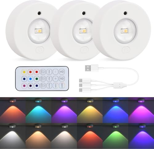 Mapille 3 Stück Schrankbeleuchtung mit Fernbedienung, USB Aufladbar RGB Dimmbar Unterbauleuchte, Kabellos Rund Vitrinenbeleuchtung LED, LED Spot Akku, Küche Schranklicht Klebeleuchte