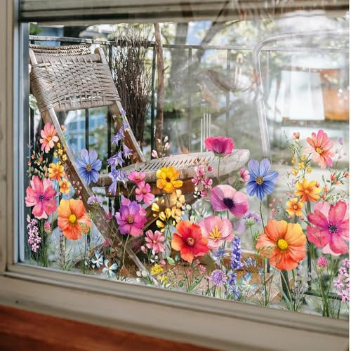 Blumenfrühlings-Sommer-Fensteraufkleber, bunter Blumenstrauß für Glas, doppelte Frühlingsdekorationen