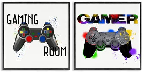 Stupell Industries Retro Gaming Room Control Giclée-Kunst-Set, 2-teilig, schwarz gerahmt, Design von Kim Allen, Marcus Prime, 43,2 x 43,2 cm