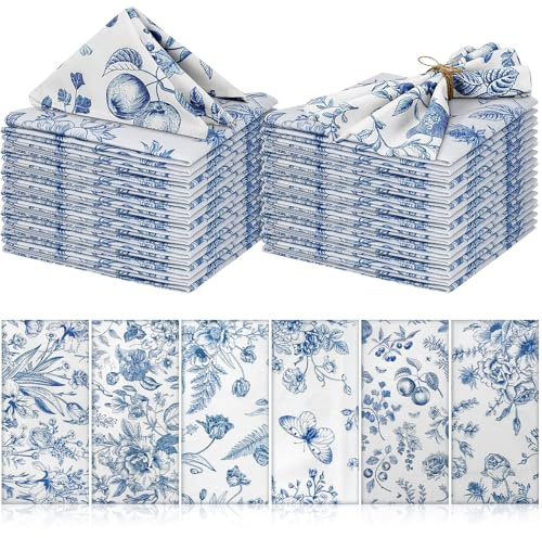 24 Pcs Cloth Napkins 37 x 37 cm Plants Butterfly Soft Reusable Napkin Country French Cotton Dinner Towel Decorative Washable Towels for Spring Summer Fall Party (Blue White Flower)