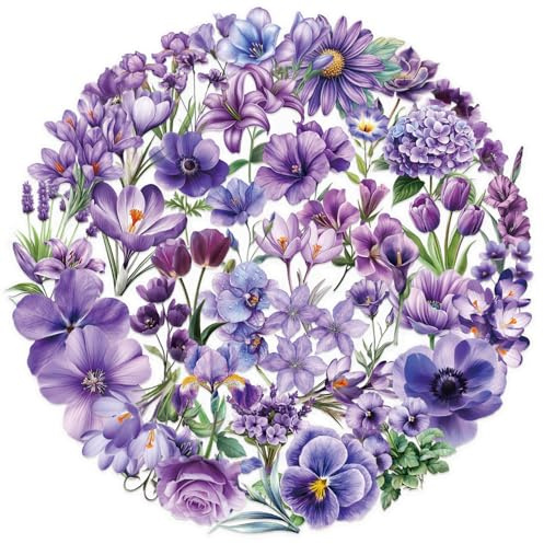 APAREAL Aesthetic Blumen Aufkleber 50 Stück, Fantasy Lila Blumen Sticker Set für Journal Laptop Kindle Scrapbooking Motorrad MacBook Fahrrad Skateboard Koffer, Wasserfeste Transparente PET Sticker