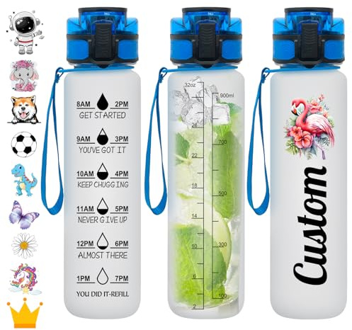 Gourde Sport 1L Personnalisée Bouteille d'eau avec Marqueur de Temps avec Nom Water Bottle Personnalisable avec Bouchon Anti-Fuite pour Enfant Adulte Fitness Yoga Gym Étanche Réutilisable sans BPA