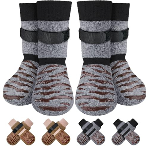 Eyein 2 Paar Doppelseitige Hundesocken, Anti-Rutsch Socken mit verstellbarem Klettverschluss für Hunde - Pfotenschutz auf Hartholzböden in Innenräumen (Grau, M)