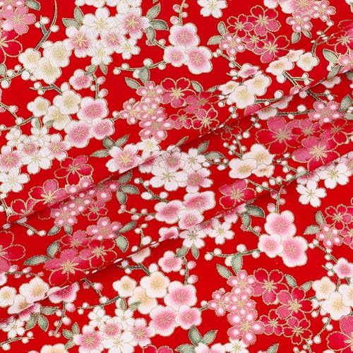 MAYJOYDIY 1m x 1,48m Tessuto di cotone giapponese rosso, sakura giapponese con stampa floreale, tessuto di cotone con ciliegio per cucito, fai da te per abbigliamento, borse, tovaglia, divano, cuscino