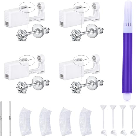 LAURITAMI öronpiercingkit, 4 st öronpiercingpistol med verktyg för kvinnor män, hemma självhelix brosk öronpiercingkit med 3/4/5 mm CZ stift, Rostfritt stål