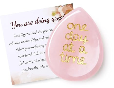 QINJIEJIE Crystal Gifts Rose Quartz Crystal Healing Crystals Worry Stones | Anxiety Relief for Adults, One Day at a Time, Thinking of You Pocket Hug Good Luck Mindfulness Spiritual Gifts for Women Men
