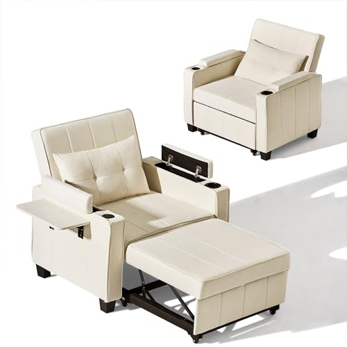 CLIPOP Schlafsofa, 3-in-1 Schlafsessel mit Bettfunktion, Ausziehbarer Sofa mit Schlaffunktion mit USB-C, 3-stufig Verstellbarer Rückenlehne (105°-160°), Stauraum & Getränkehalter (Leinen, Beige)