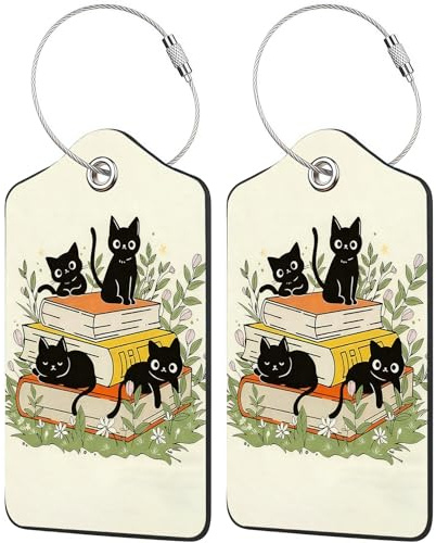 Vesavifaka 2 Stück Kofferanhänger Schwarze Katze Buch für Reisekoffer, Niedliche Einzigartige Leder Gepäckanhänger mit Sichtschutz ID Etiketten Stahlöse, Reise Zubehör für Identifikation Koffer