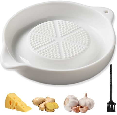 Ceramic Garlic Grater Plate with Mini Cleaning Brush | Multipurpose Ginger & Garlic Grater for Spices, Onion and Chocolate, Easy to Clean Porcelain Shredder, Safe to Use Kitchen